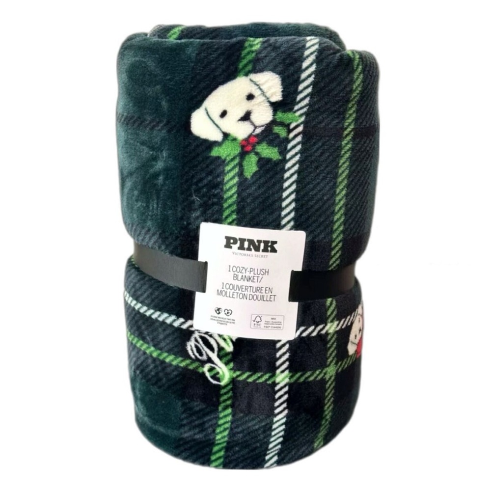 Victoria's Secret Plush Green Plaid Dog Sherpa Blanket